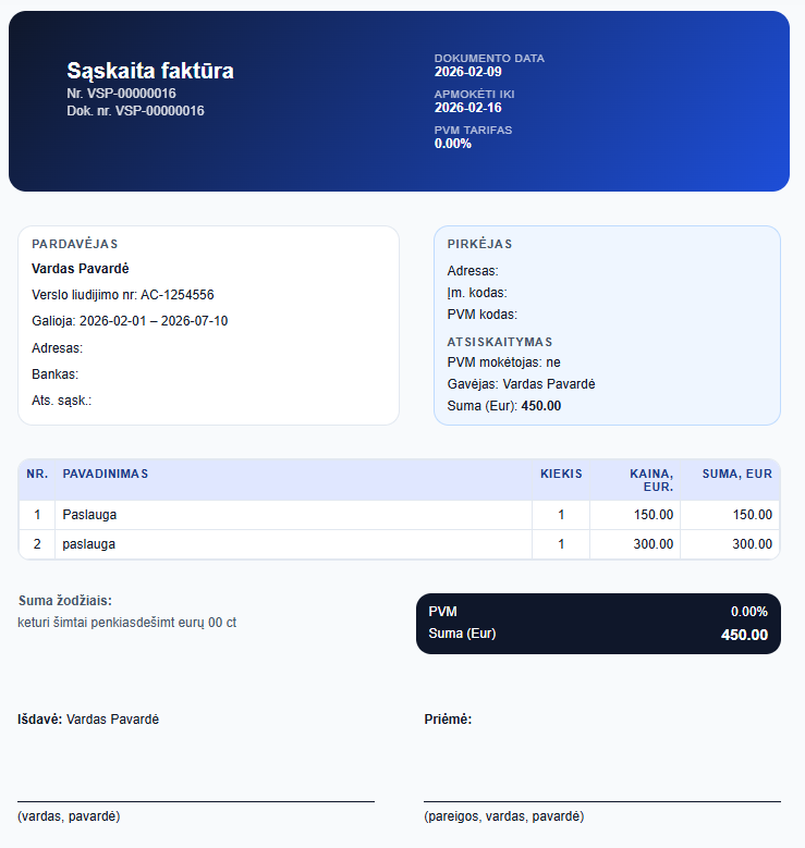 Sąskaitos šablono peržiūra